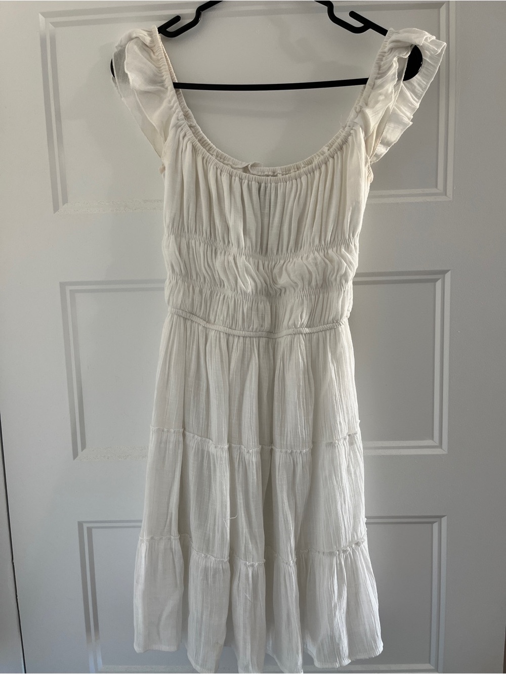 Streetwear Society White Ruffle-Shoulder Tiered Midi Dress
